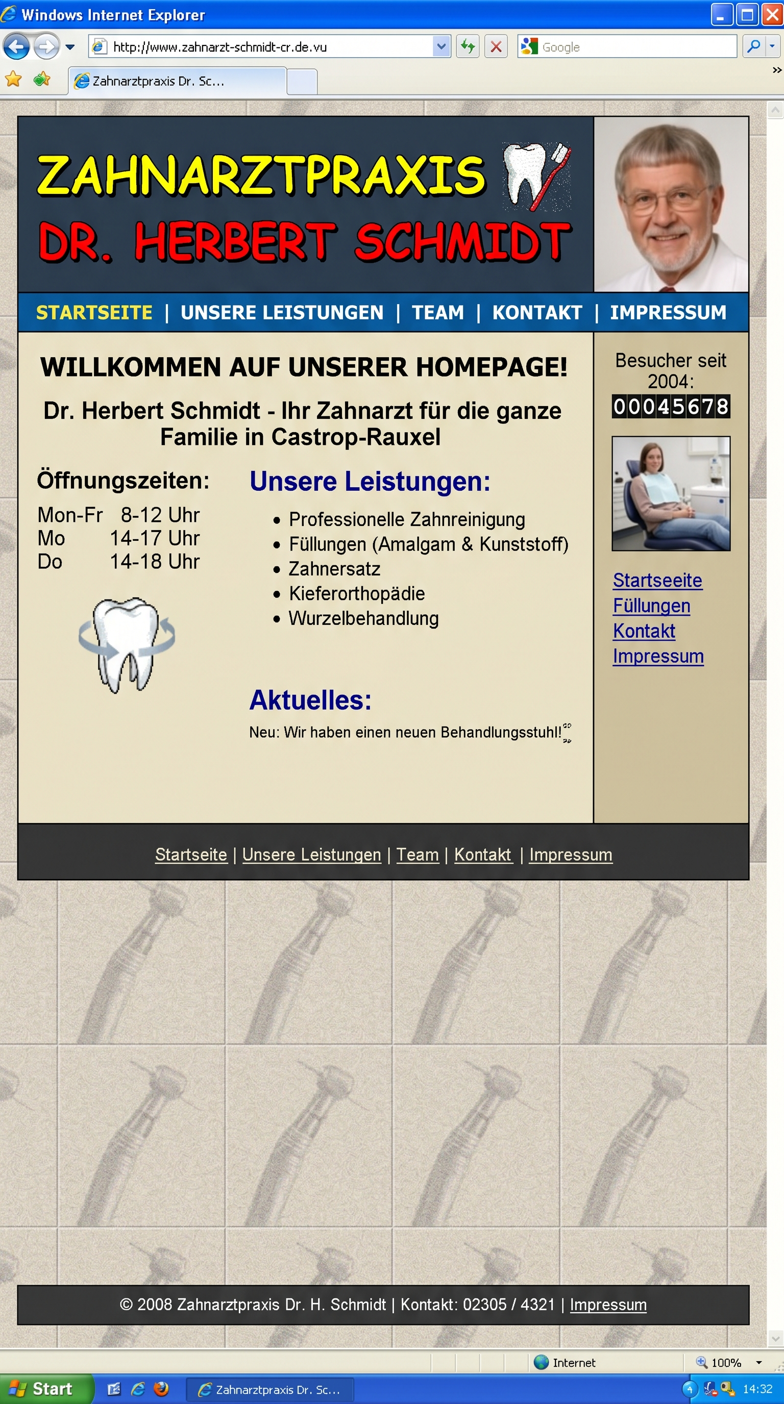 Veraltete Praxis-Webseite — schlecht lesbar, nicht mobil optimiert