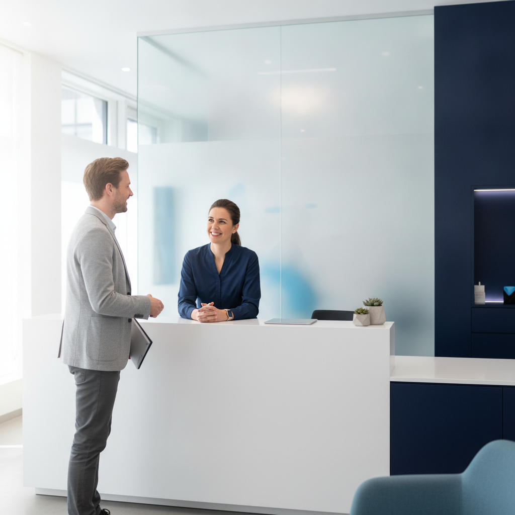 Neue Patientin wird in moderner Praxis empfangen